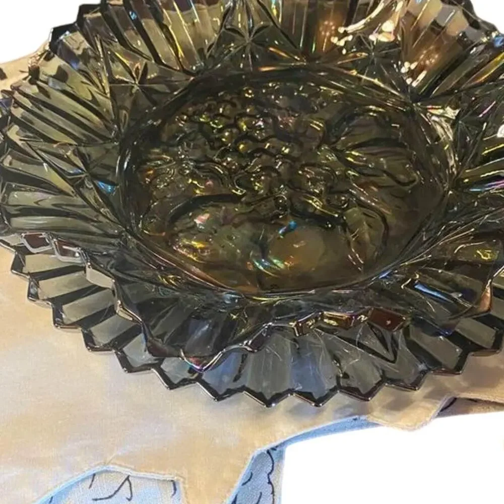 Smoke iridescent carnival glass Federal Glass platter Pioneer Fruit design 10